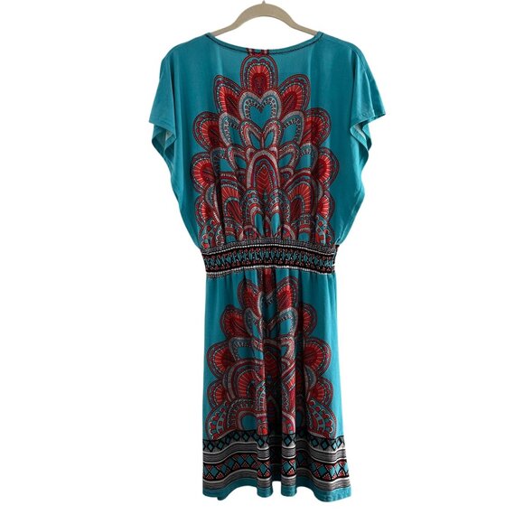 Bohemian-Inspired Turquoise Red Patterned Midi Dress Elastic Waist M Gypsy Swim - Picture 9 of 9